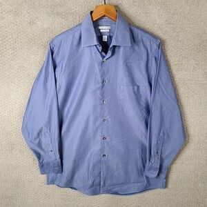 Van Heusen Shirt Mens 16 32/33 Blue Regular Fit Royal Herringbone Wrinkle Free